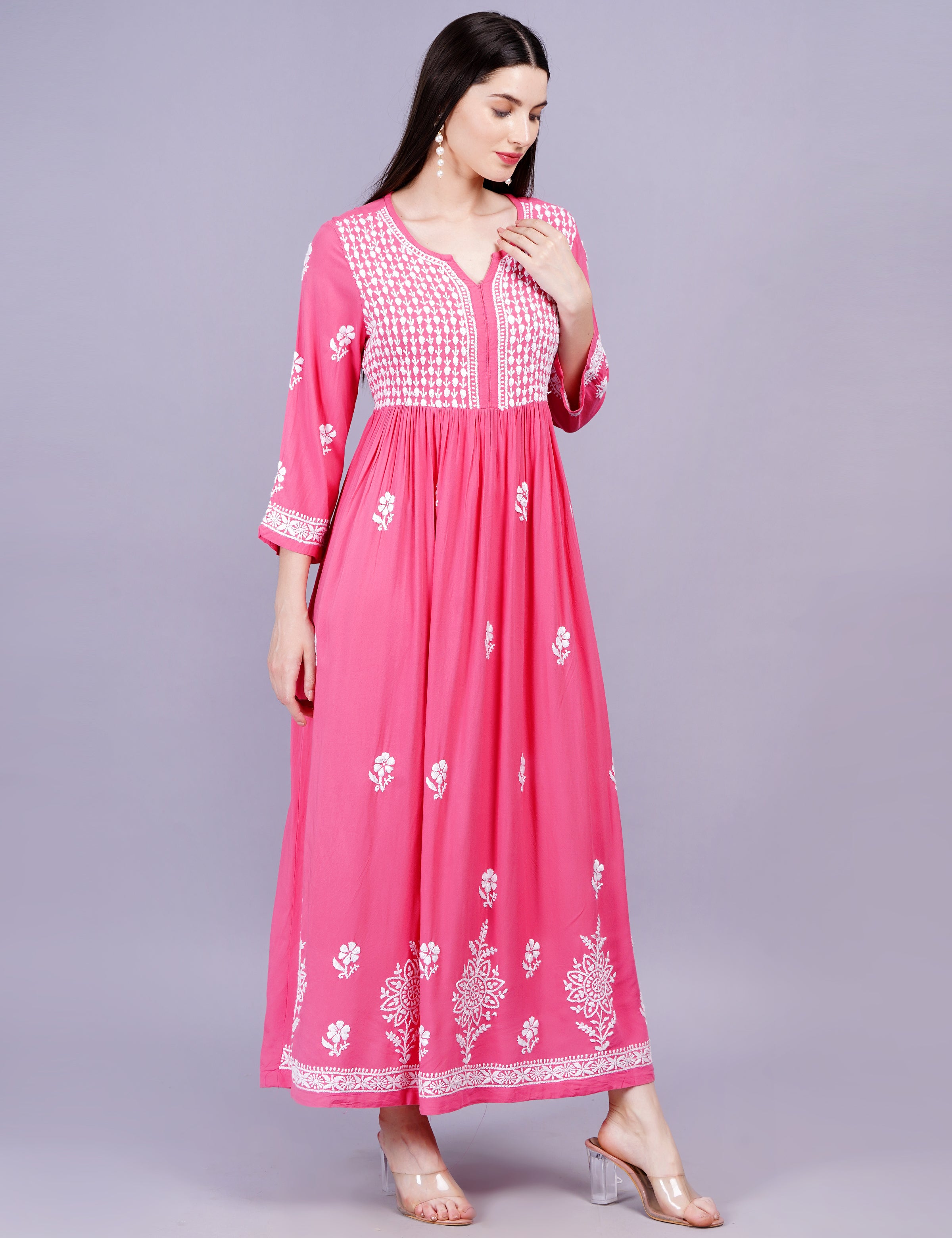 Rayon Cotton Pink Color Dress Chikankari Work