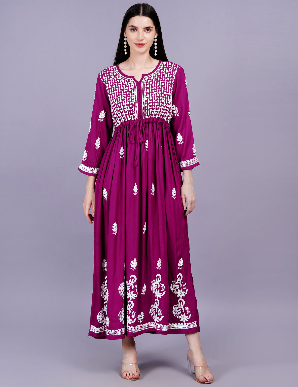 Modal Cotton Wine Color Chikankari Dress