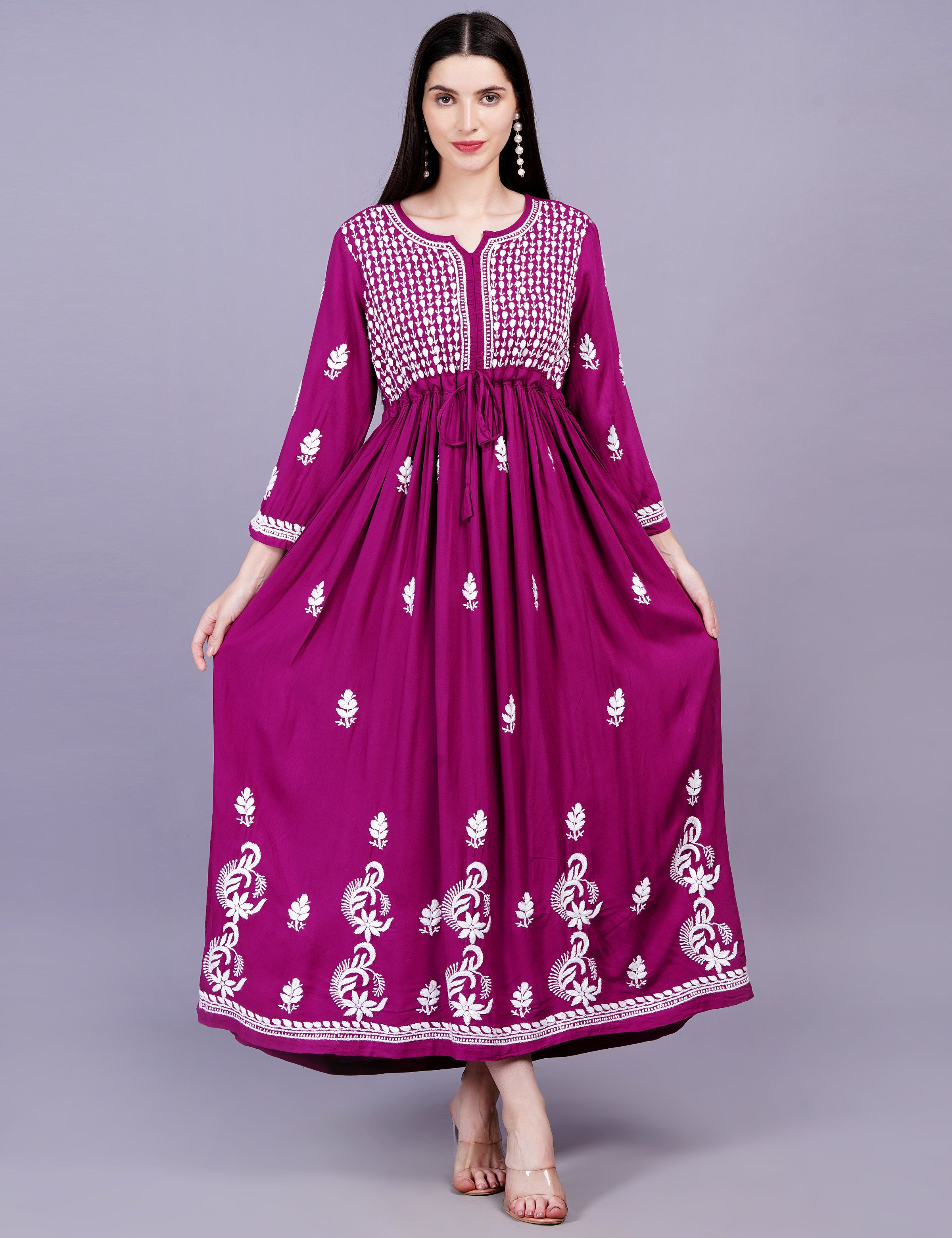 Modal Cotton Wine Color Chikankari Dress