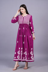 Modal Cotton Wine Color Chikankari Dress