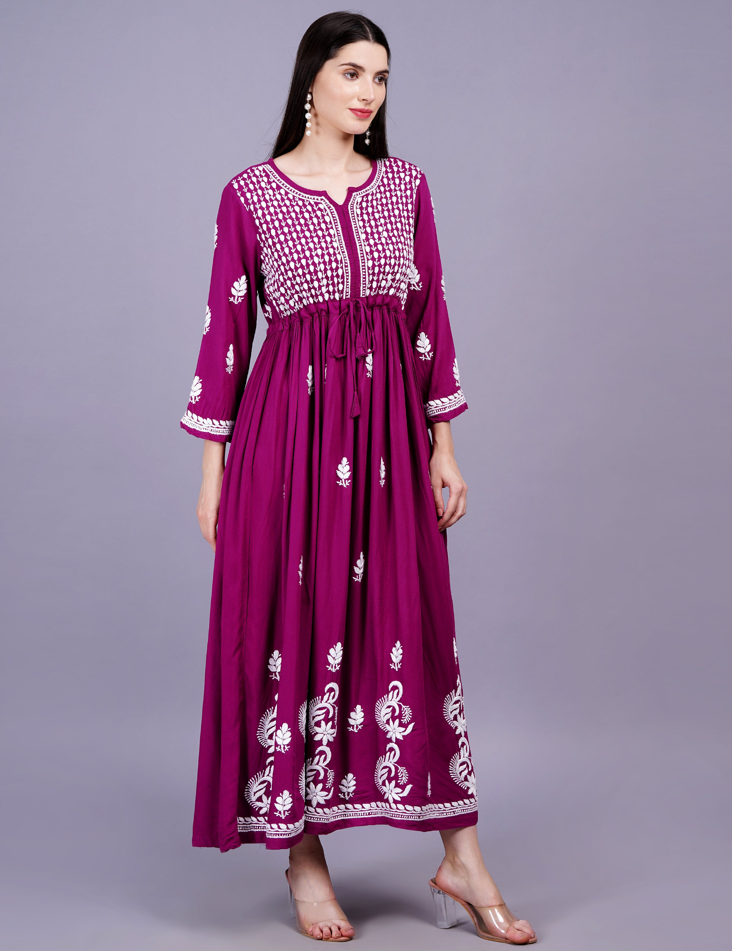 Modal Cotton Wine Color Chikankari Dress