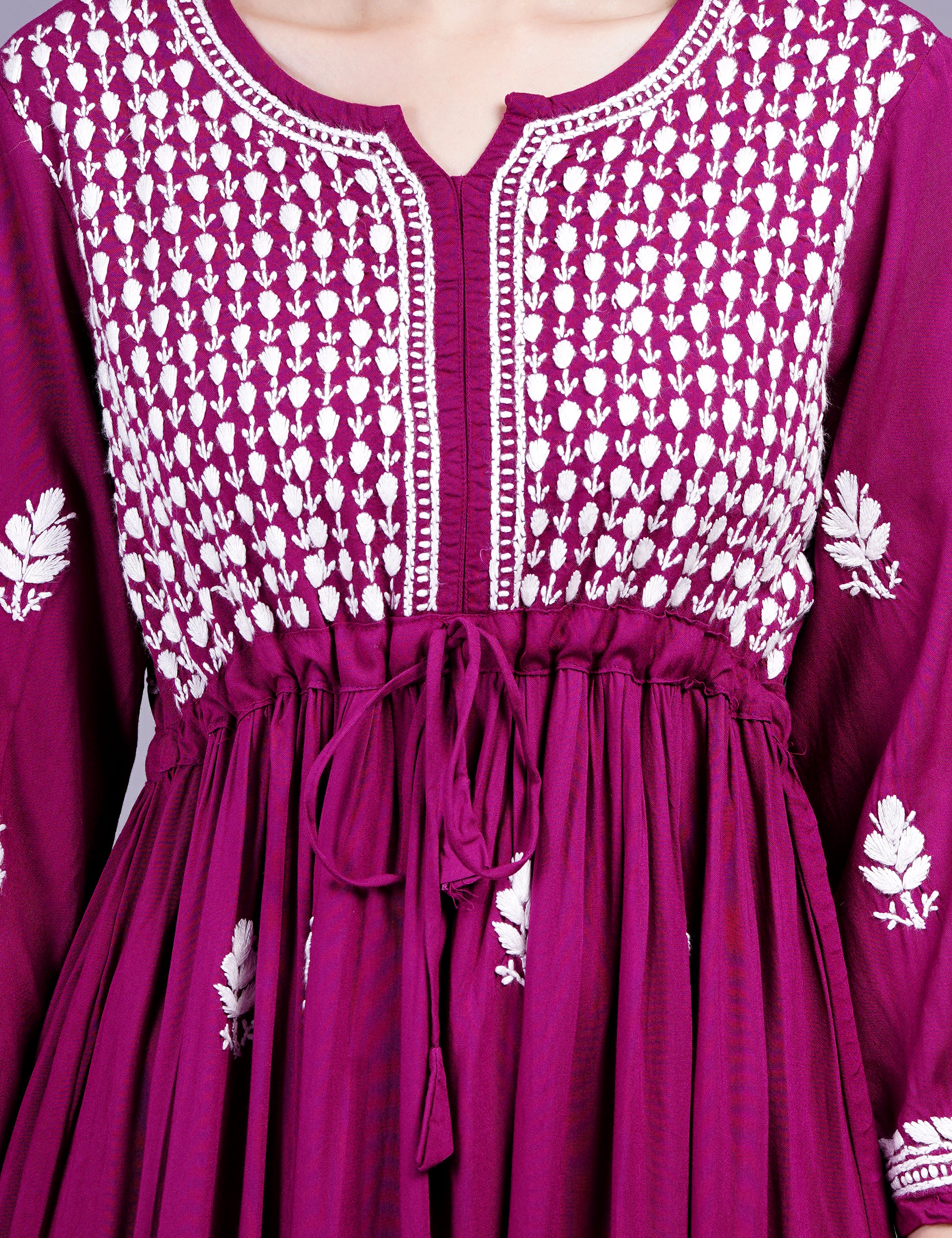 Modal Cotton Wine Color Chikankari Dress