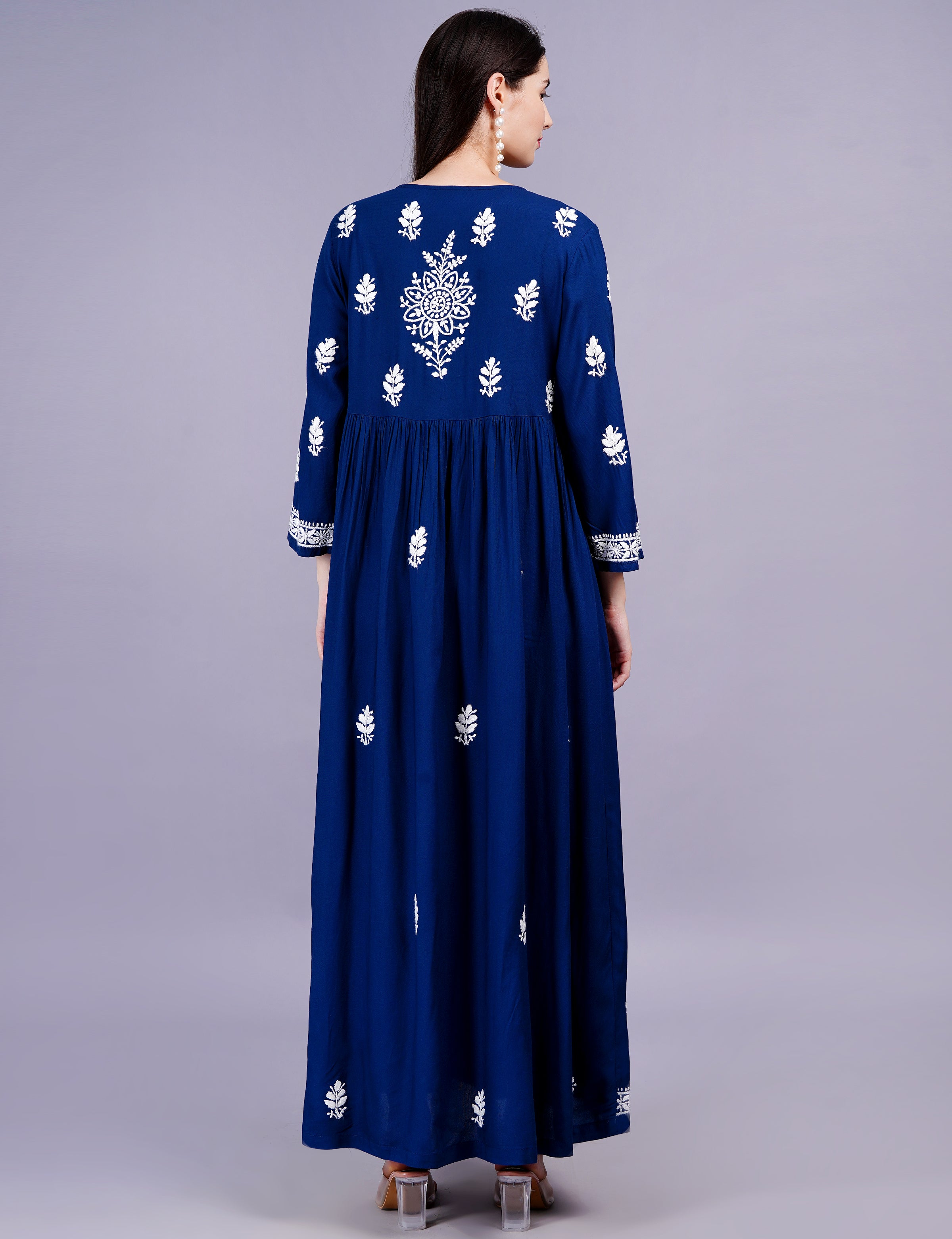 Rayon Cotton Navy Blue Color Dress Chikankari Work