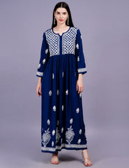 Rayon Cotton Navy Blue Color Dress Chikankari Work