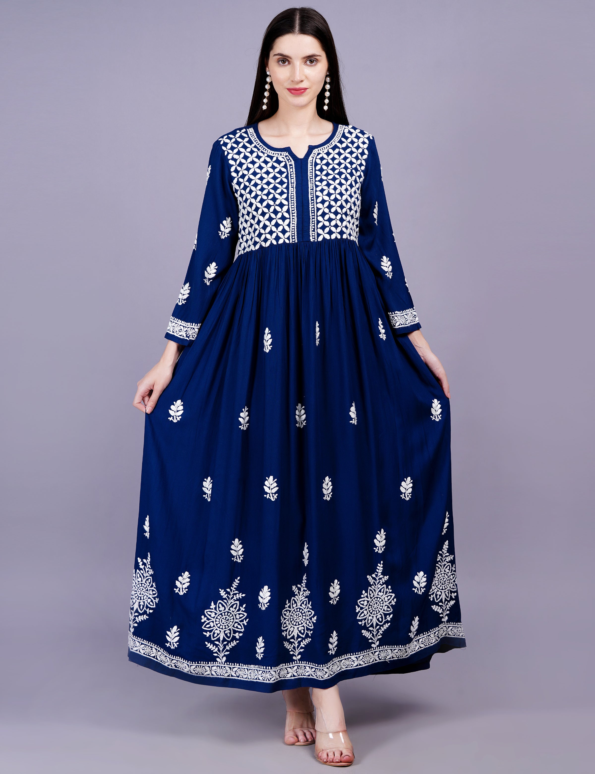 Rayon Cotton Navy Blue Color Dress Chikankari Work