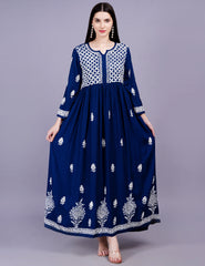 Rayon Cotton Navy Blue Color Dress Chikankari Work