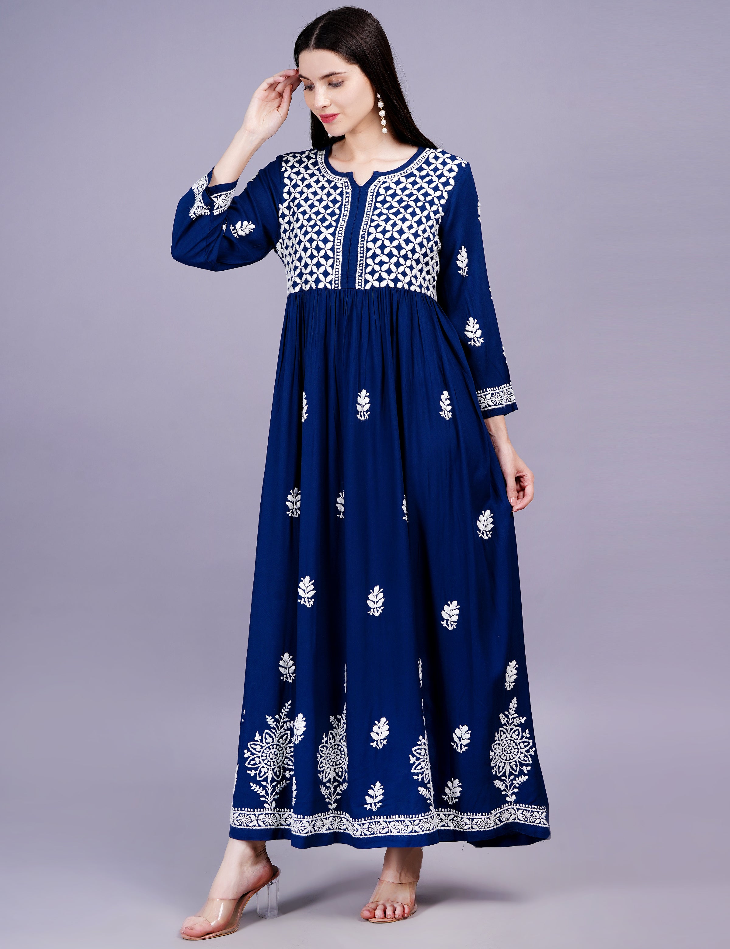 Rayon Cotton Navy Blue Color Dress Chikankari Work