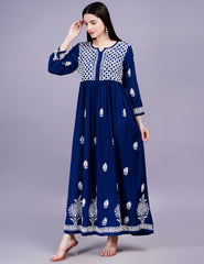 Rayon Cotton Navy Blue Color Dress Chikankari Work