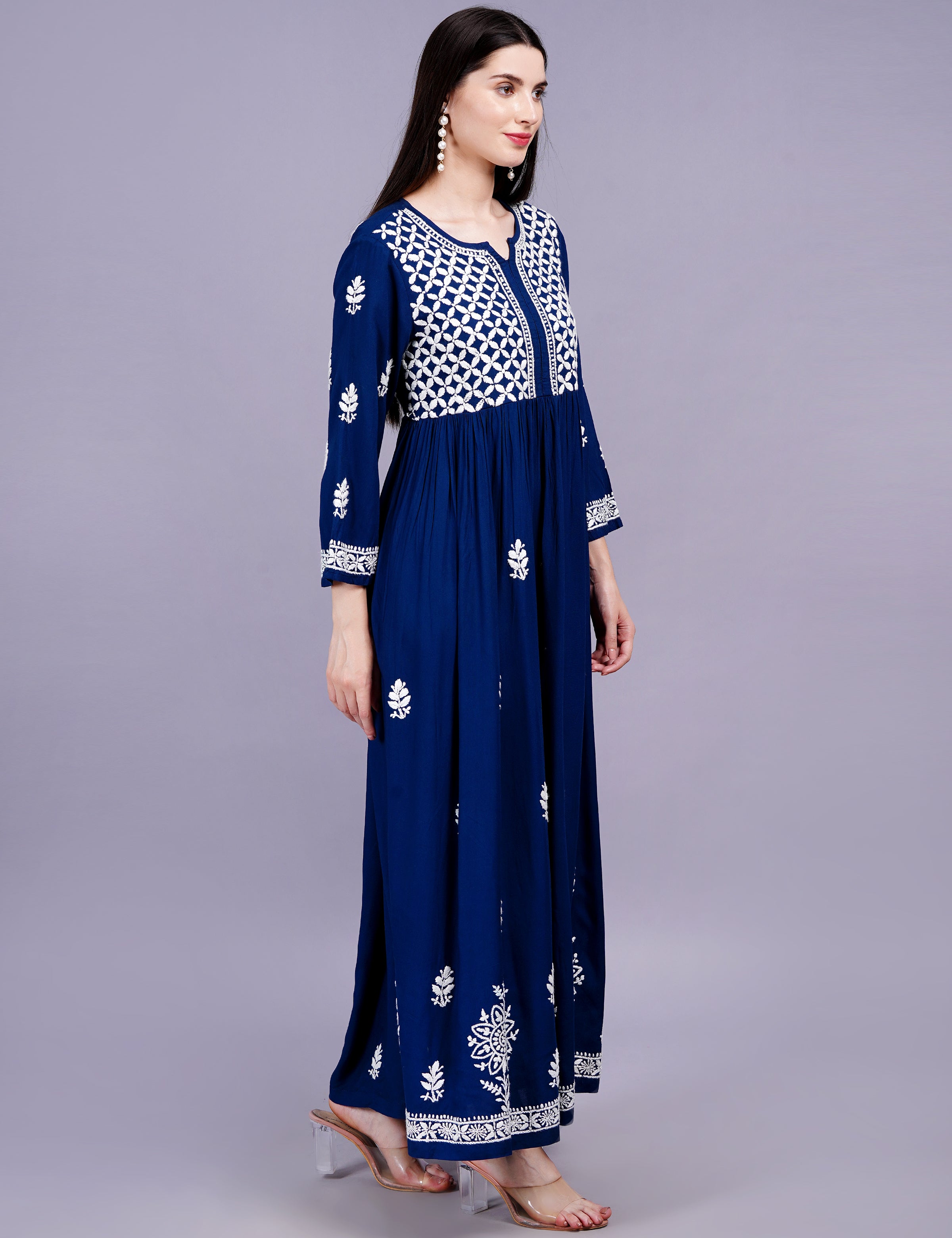 Rayon Cotton Navy Blue Color Dress Chikankari Work