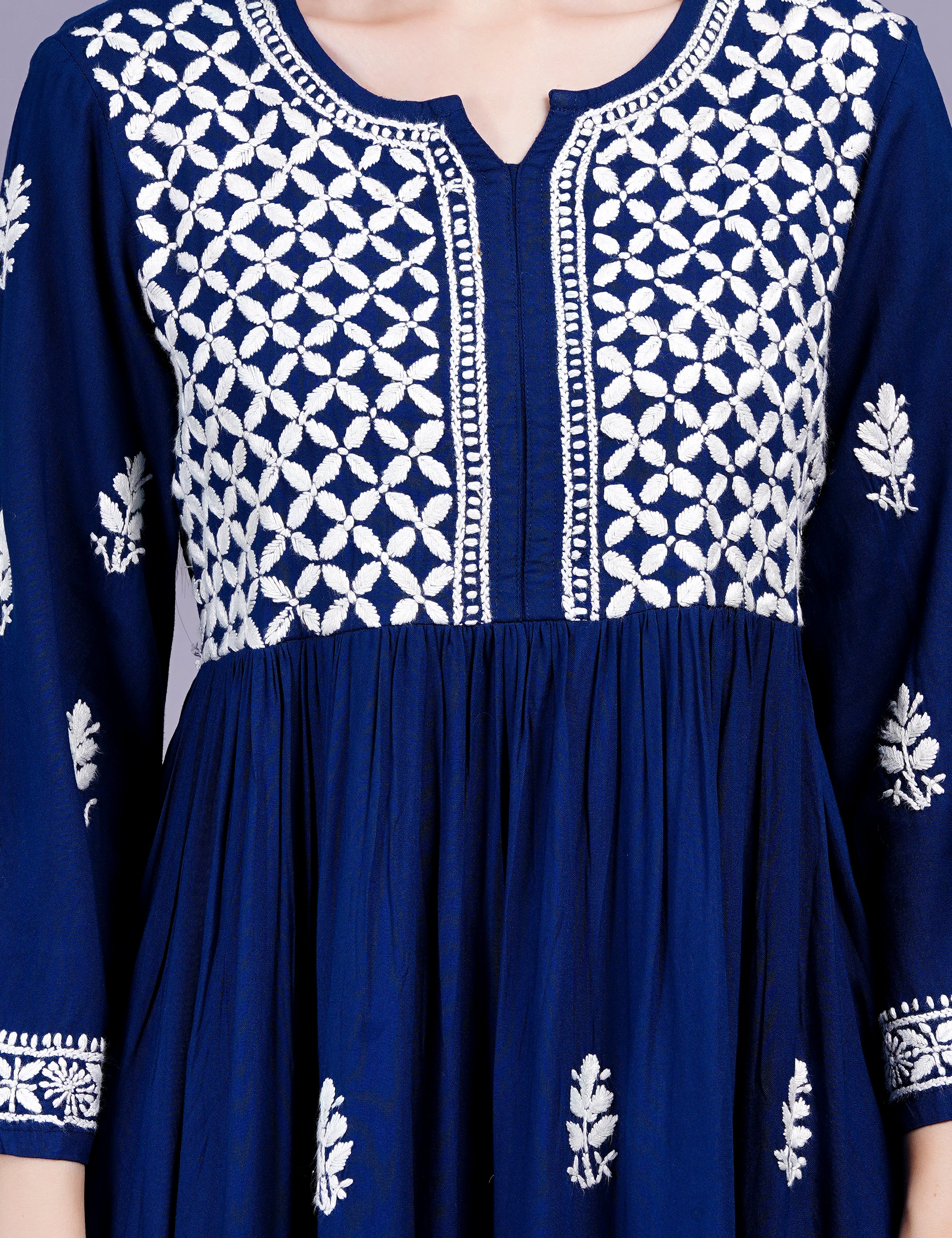 Rayon Cotton Navy Blue Color Dress Chikankari Work