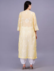 Chanderi Yellow Color Printed Dupatta Chikankari Kurta Set