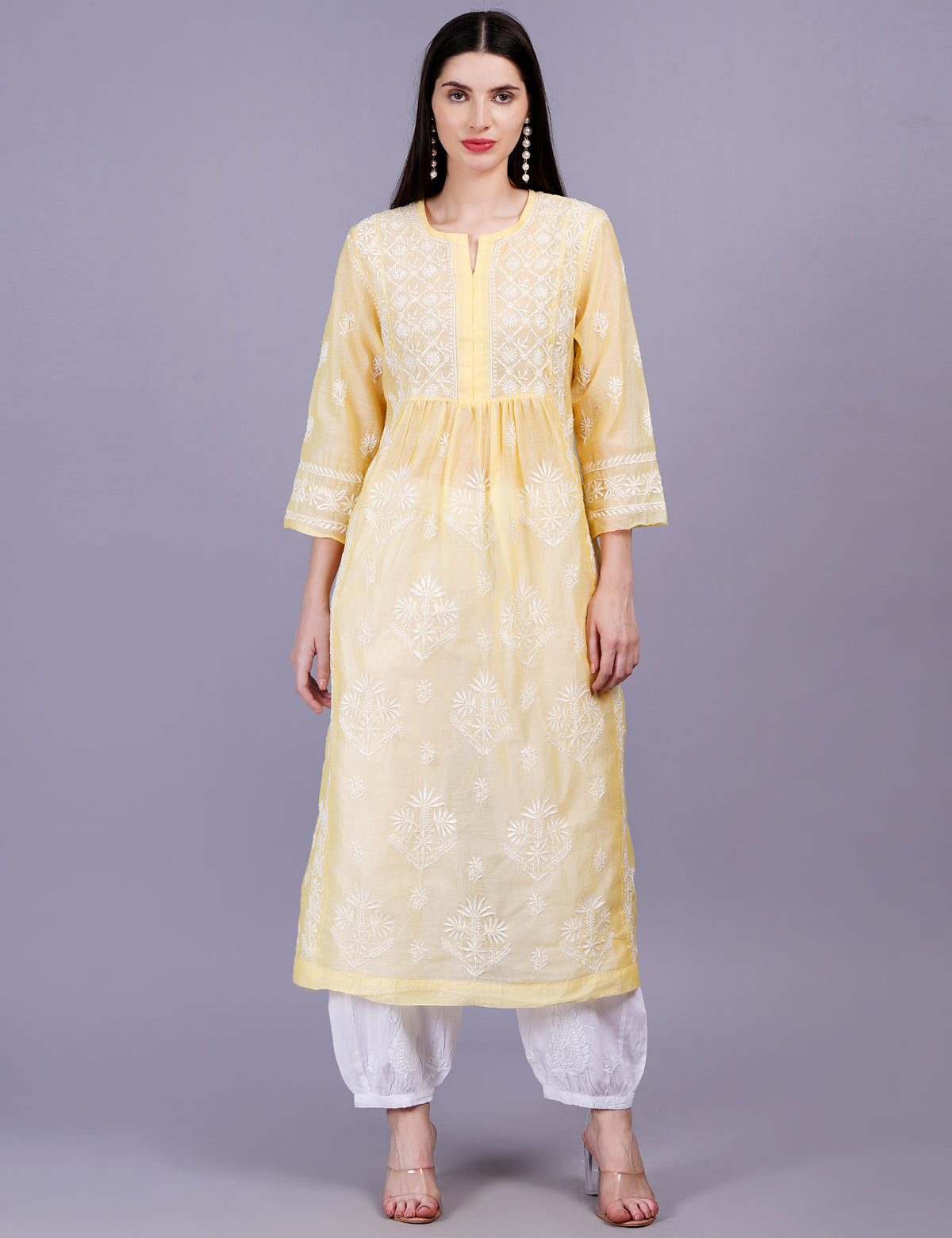 Chanderi Yellow Color Printed Dupatta Chikankari Kurta Set