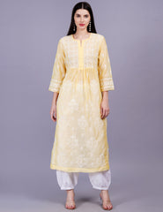 Chanderi Yellow Color Printed Dupatta Chikankari Kurta Set