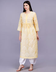 Chanderi Yellow Color Printed Dupatta Chikankari Kurta Set