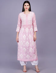 Chanderi Pink Color Printed Dupatta Chikankari Kurta Set