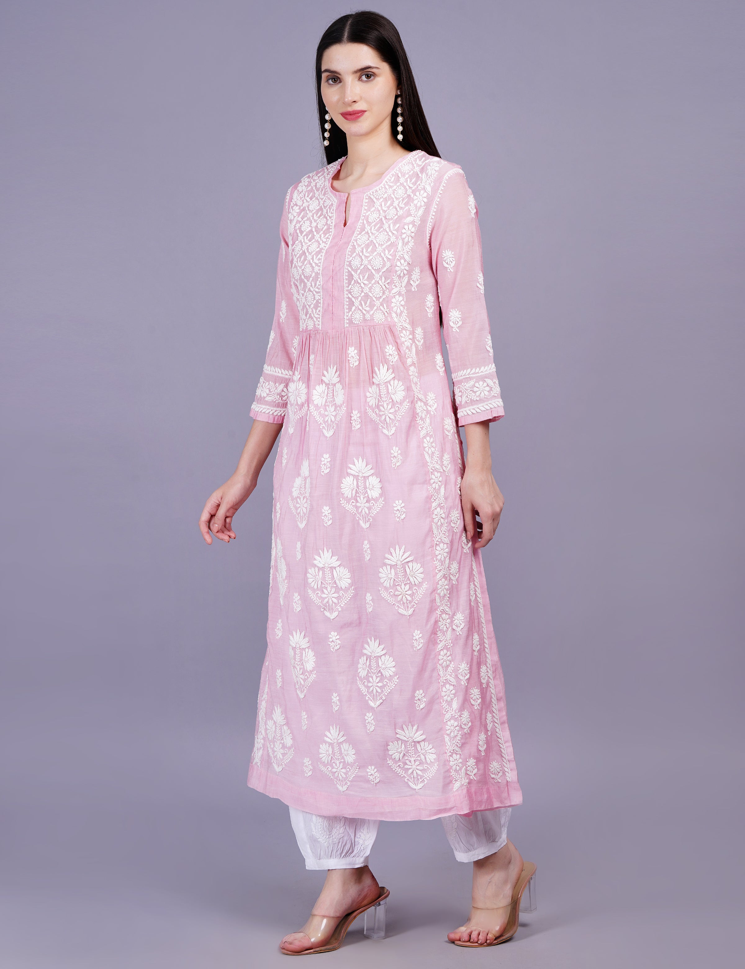 Chanderi Pink Color Printed Dupatta Chikankari Kurta Set