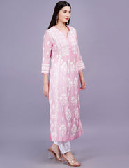 Chanderi Pink Color Printed Dupatta Chikankari Kurta Set