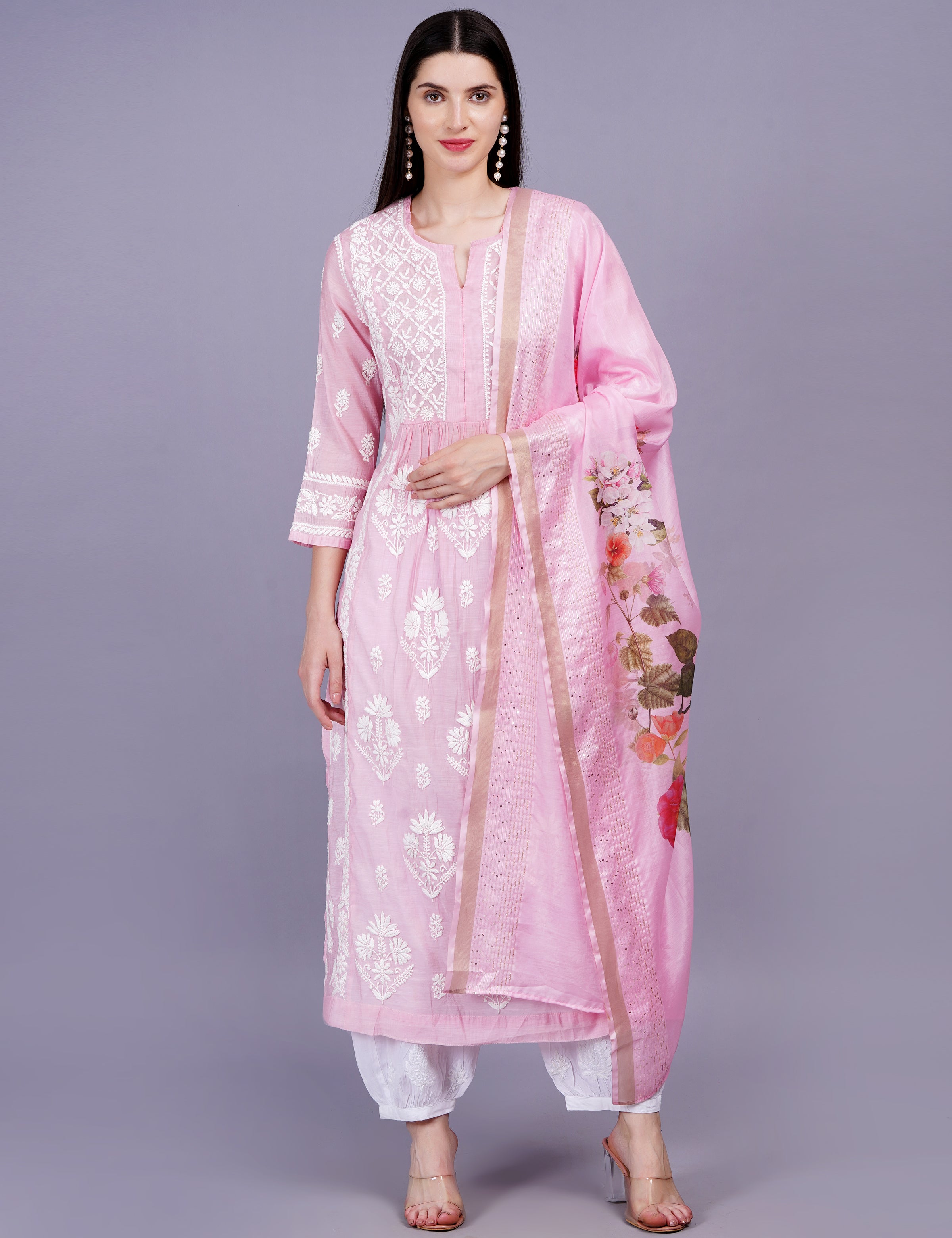 Chanderi Pink Color Printed Dupatta Chikankari Kurta Set