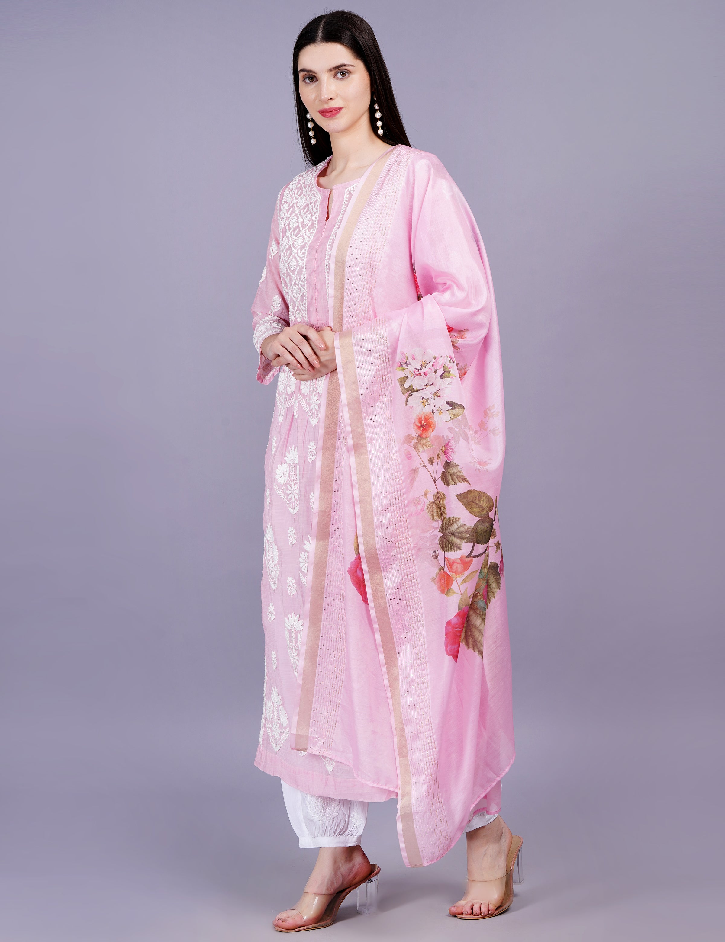 Chanderi Pink Color Printed Dupatta Chikankari Kurta Set