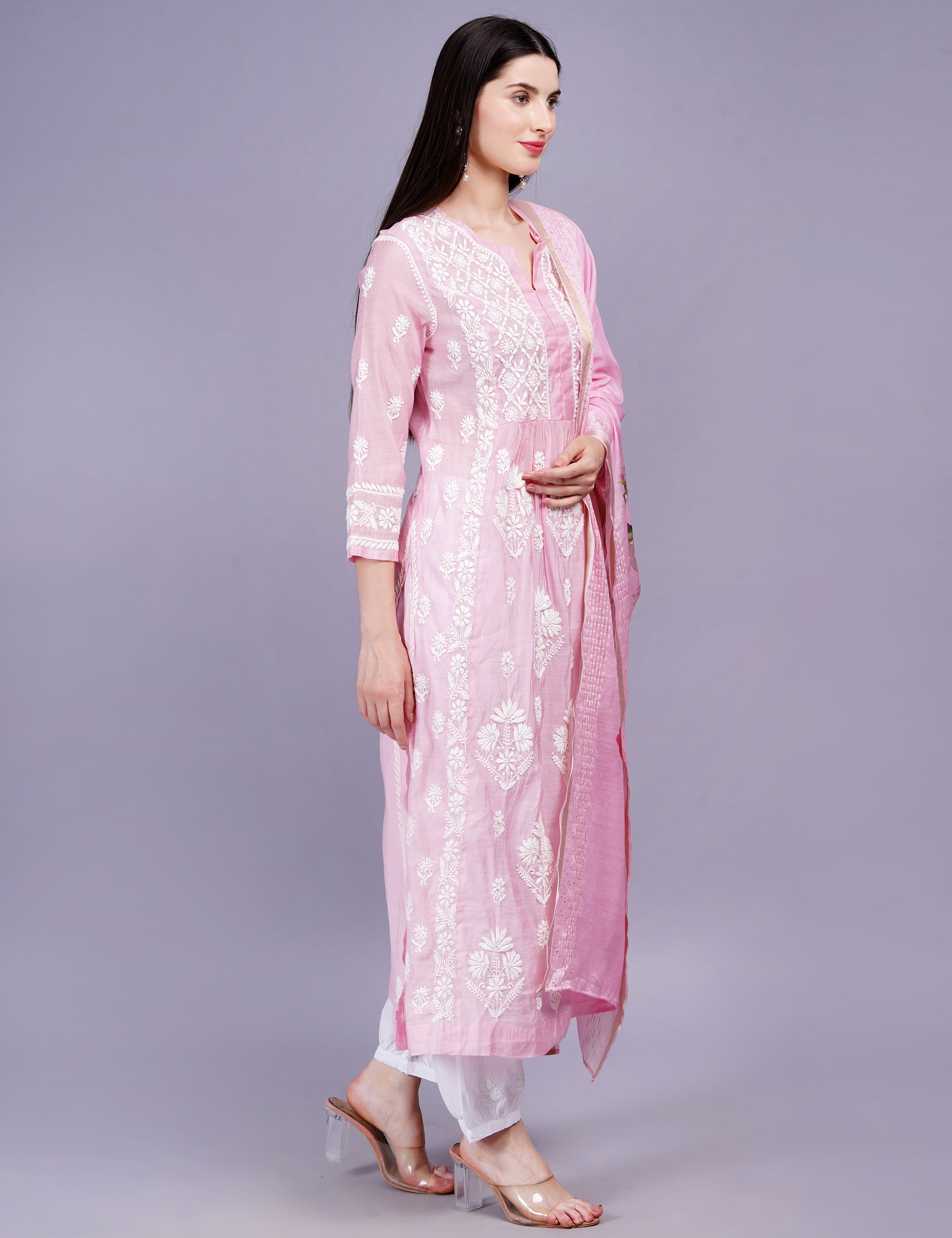 Chanderi Pink Color Printed Dupatta Chikankari Kurta Set