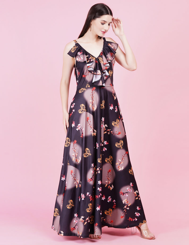 Lycra Black Color Digital Print Gown