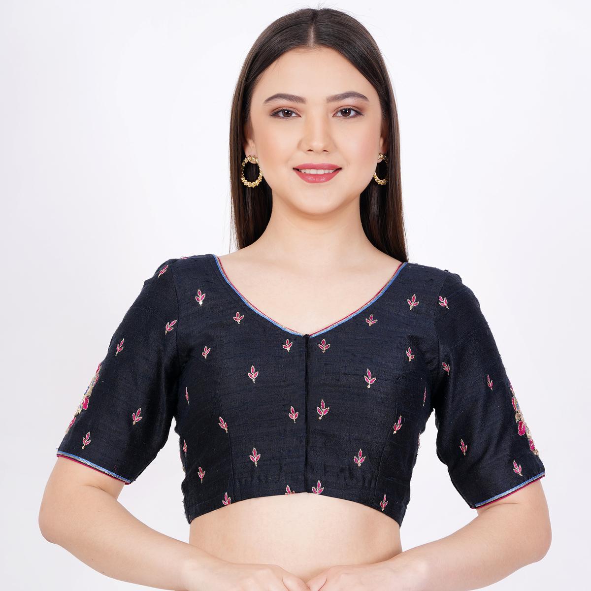 Raw Silk Hand Embroided  Black Color Blouse