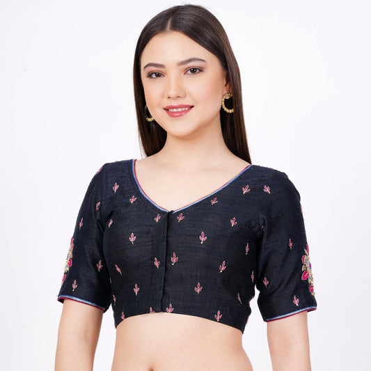 Raw Silk Hand Embroided  Black Color Blouse - Sufiza Lifestyle