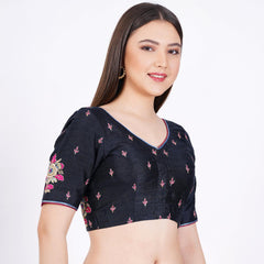 Raw Silk Hand Embroided  Black Color Blouse