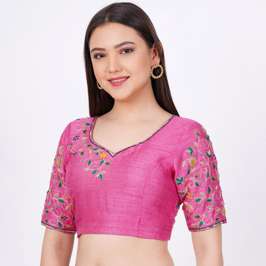 Raw SIlk Hand Embroided Pink Color Blouse - Sufiza Lifestyle
