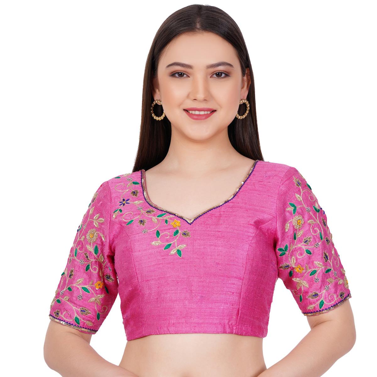 Raw SIlk Hand Embroided Pink Color Blouse - Sufiza Lifestyle