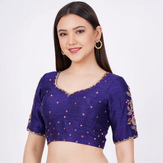 Raw SIlk Hand Embroided Navy Blue Color Blouse - Sufiza Lifestyle