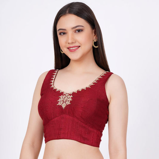 Raw SIlk Hand Embroided Maroon  Color Blouse - Sufiza Lifestyle