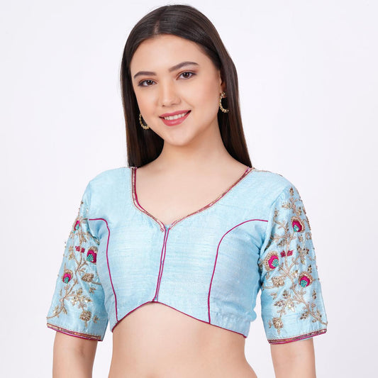 Raw Silk Hand Embroided Sky Blue  Color Blouse - Sufiza Lifestyle