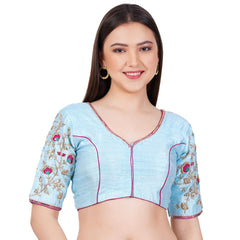 Raw Silk Hand Embroided Sky Blue  Color Blouse - Sufiza Lifestyle