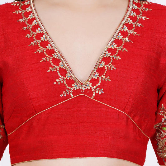 Raw Silk Red Color Hand Embroided Blouse - Sufiza Lifestyle