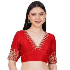 Raw Silk Red Color Hand Embroided Blouse - Sufiza Lifestyle