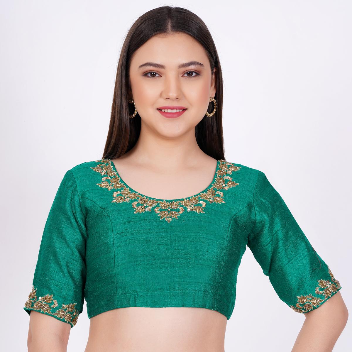 Raw Silk Green Hand Embroided Blouse