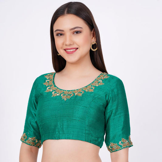Raw Silk Green Hand Embroided Blouse - Sufiza Lifestyle