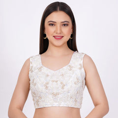 Raw Silk White Color Hand Embroided Blouse