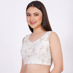 Raw Silk White Color Hand Embroided Blouse