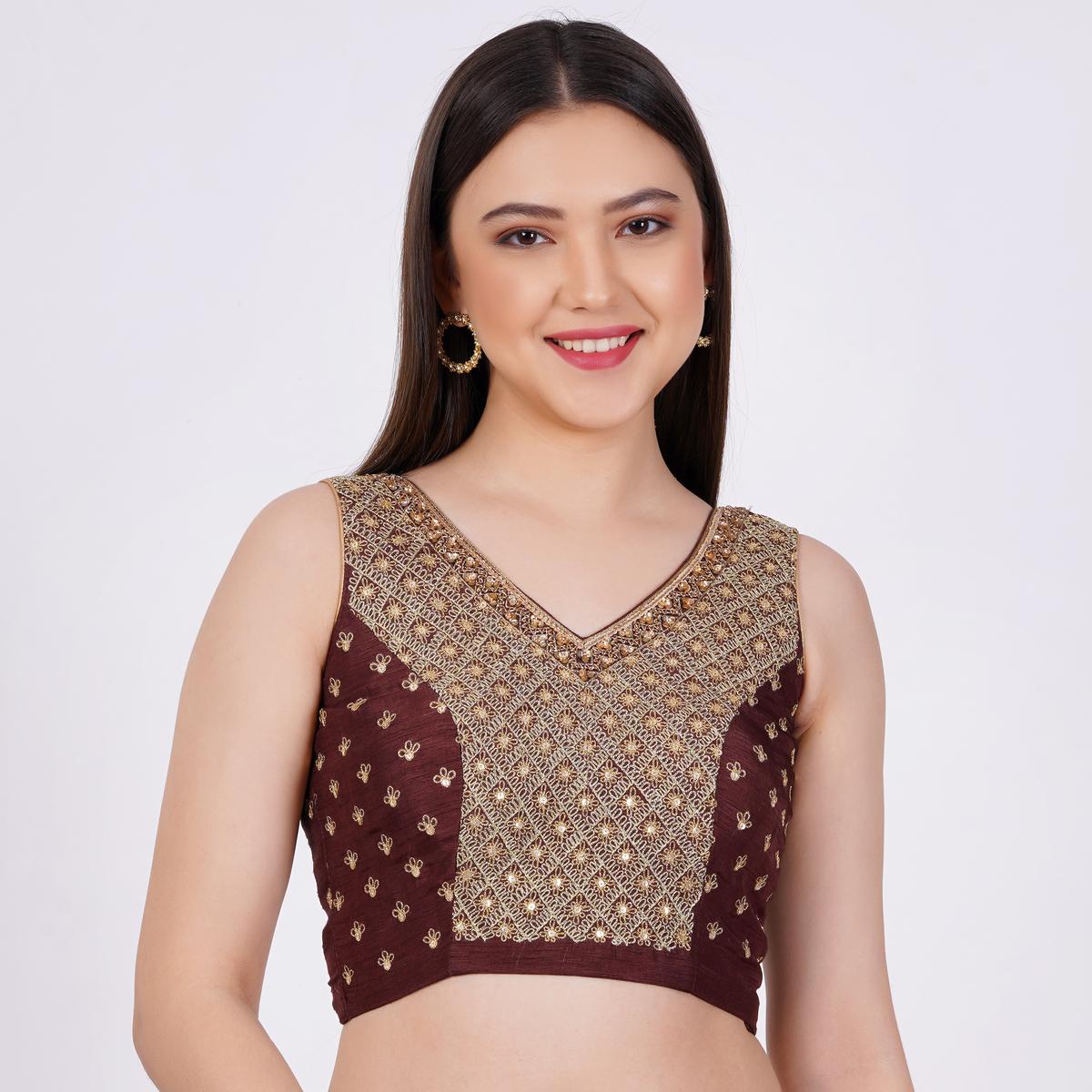 Raw Silk Brown Color Hand Embroided Blouse