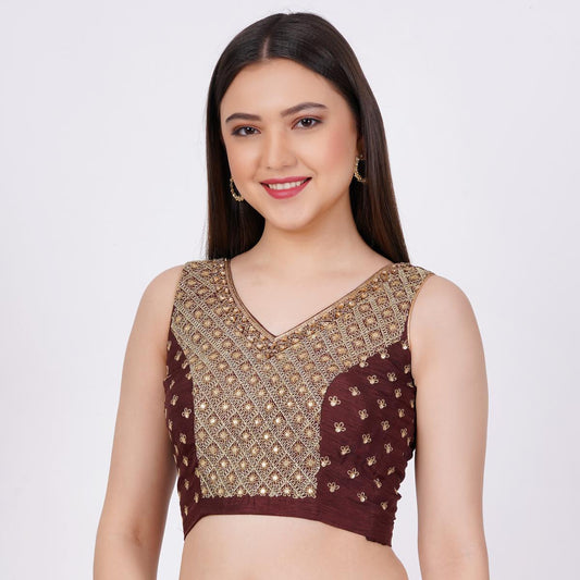 Raw Silk Brown Color Hand Embroided Blouse - Sufiza Lifestyle