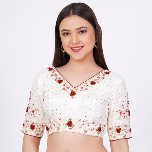 Viscose Georgette Cream Color Hand Embroided Blouse - Sufiza Lifestyle