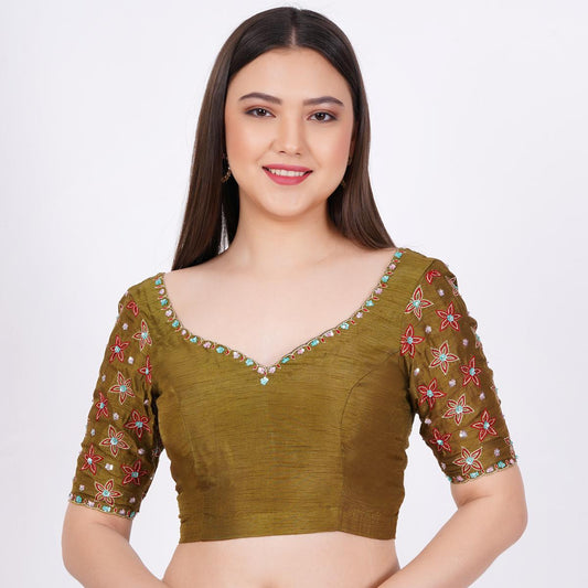Silk Olive Green Hand Embroided  Blouse - Sufiza Lifestyle