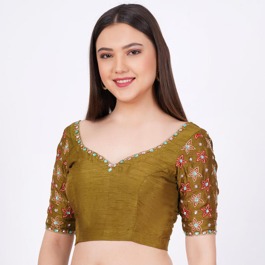 Silk Olive Green Hand Embroided  Blouse - Sufiza Lifestyle
