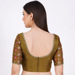 Silk Olive Green Hand Embroided  Blouse - Sufiza Lifestyle