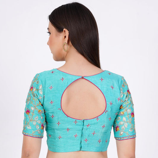 Silk Sky Blue Hand Embroided  Blouse - Sufiza Lifestyle