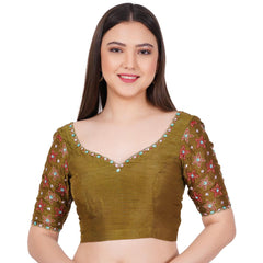 Silk Olive Green Hand Embroided  Blouse - Sufiza Lifestyle