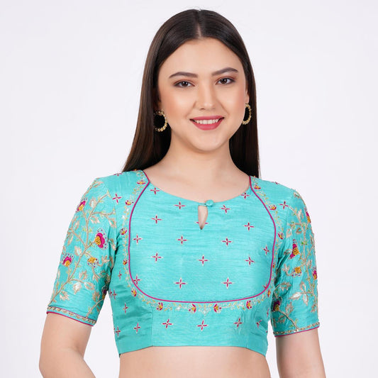 Silk Sky Blue Hand Embroided  Blouse - Sufiza Lifestyle