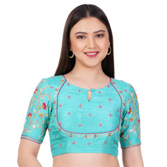Silk Sky Blue Hand Embroided  Blouse - Sufiza Lifestyle